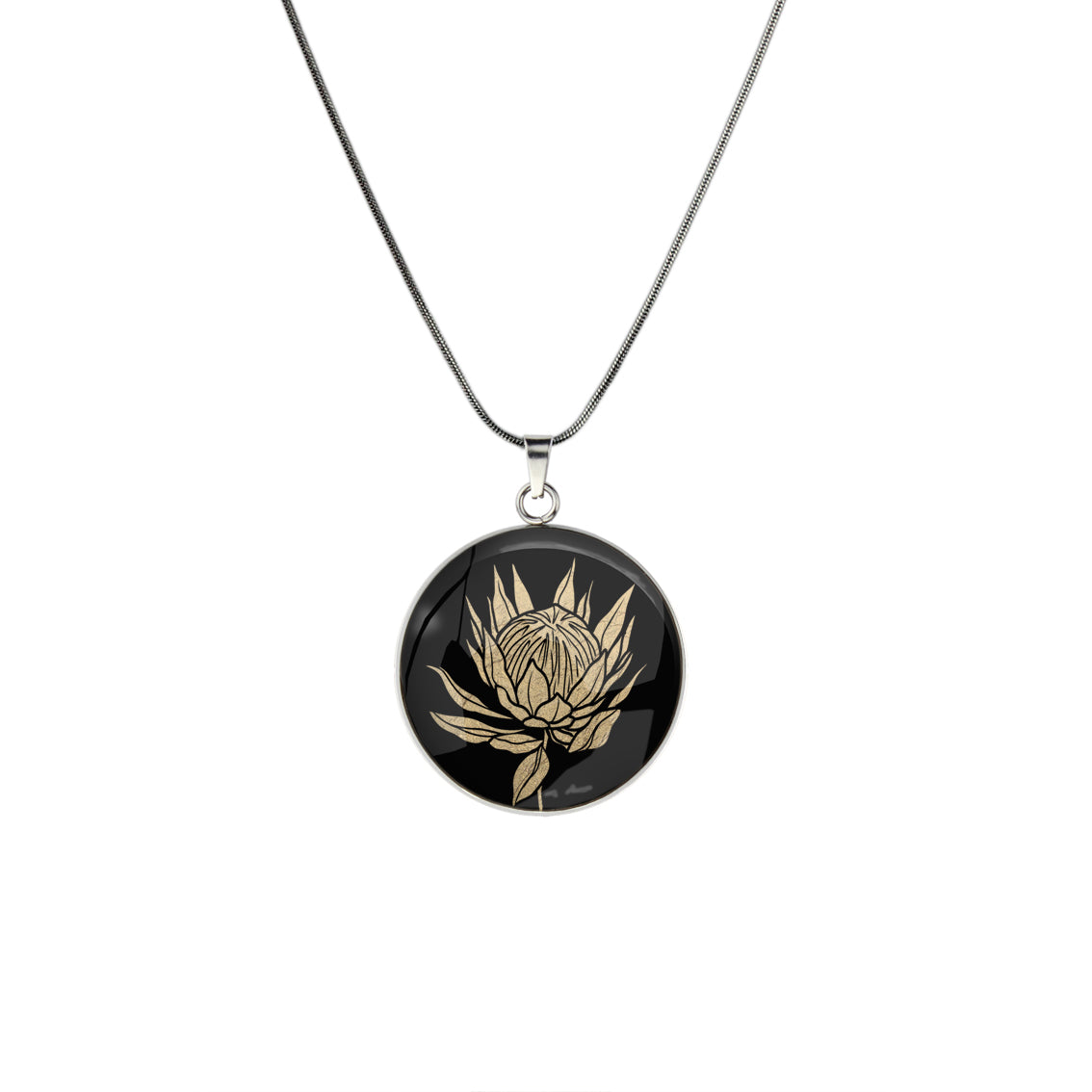 AUSTRALIAN NATIVE FLORA - PROTEA SUGARBUSH CIRCLE PENDANT ON A CHAIN NECKLACE - D927S - on Satchel