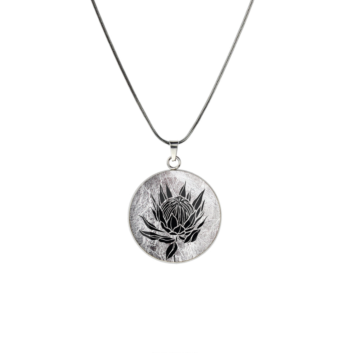 AUSTRALIAN NATIVE FLORA - PROTEA SUGARBUSH CIRCLE PENDANT ON A CHAIN NECKLACE - D927S - on Satchel