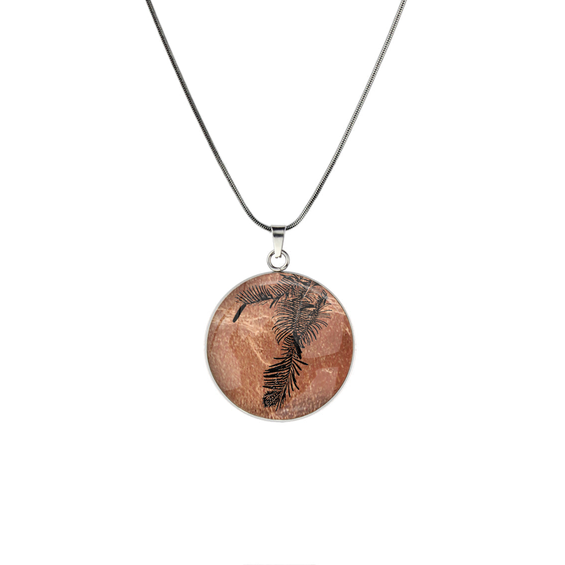 AUSTRALIAN NATIVE FLORA - WOLLEMI PINE CIRCLE PENDANT ON A CHAIN NECKLACE - D939S - on Satchel
