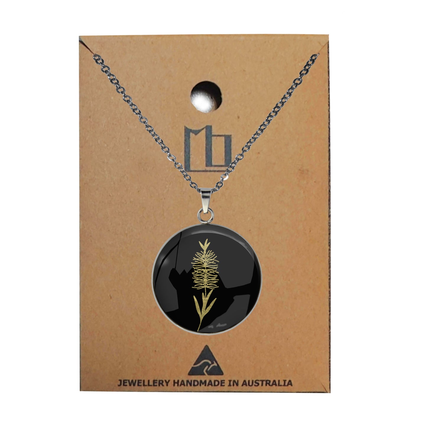 AUSTRALIAN NATIVE FLORA - BOTTLEBRUSH CIRCLE PENDANT ON A CHAIN NECKLACE - D859S - on Satchel