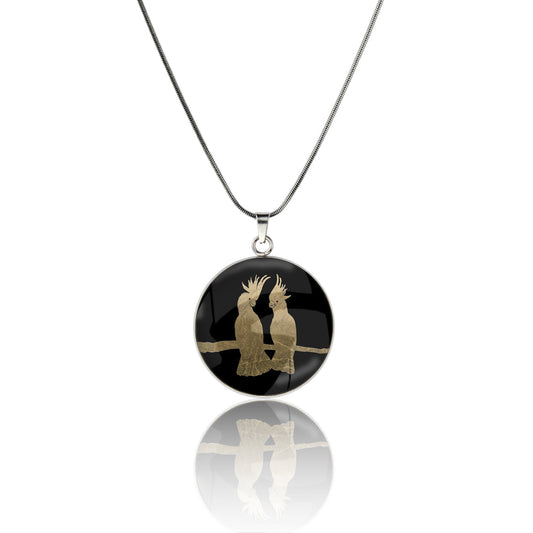 COCKATOO COUPLE CIRCLE PENDANT ON A CHAIN NECKLACE - MFY230S - on Satchel