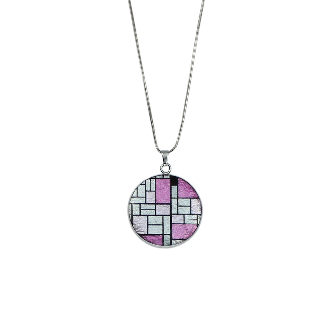 PERSPECTIVE MONDRIAN POP ART ABSTRACT CIRCLE PENDANT ON A CHAIN NECKLACE - M171 - in Circle Box