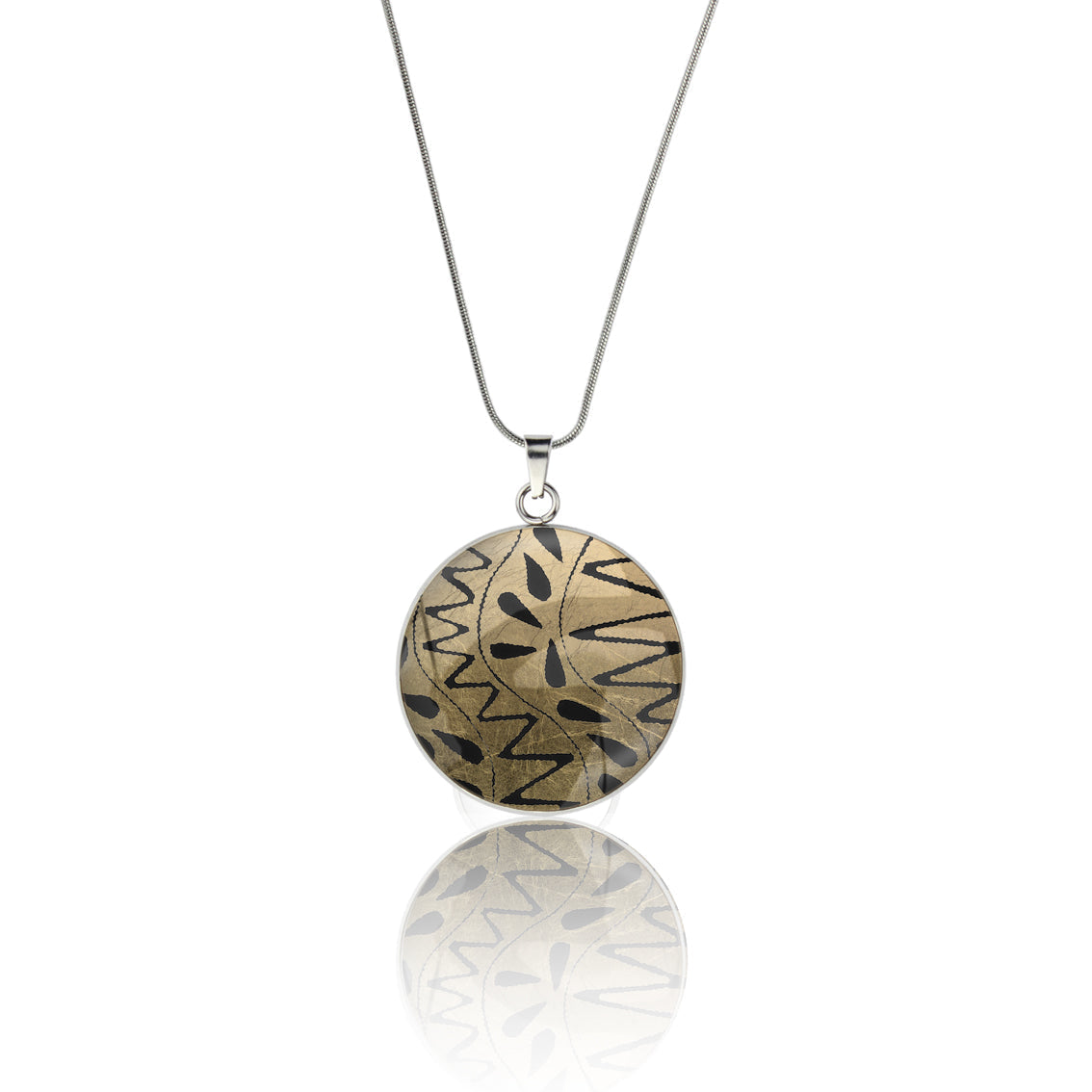 URSULA BLACK AND GOLD CIRCLE PENDANT ON A CHAIN NECKLACE - M189S - on Satchel